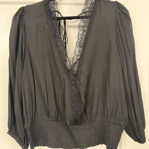 Dolan Black Satin and Lace V-Neck Blouse